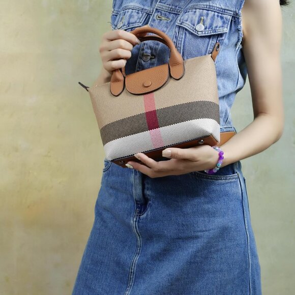 women Burgundy Red Vintage Leather Shoulder Bag Canvas Top Handle - Picture 2 of 9